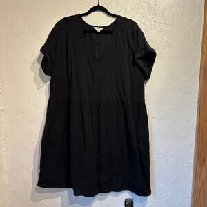 Terra & Sky Size 1X Black Cap Sleeve Tiered Dress Pockets 100% Cotton